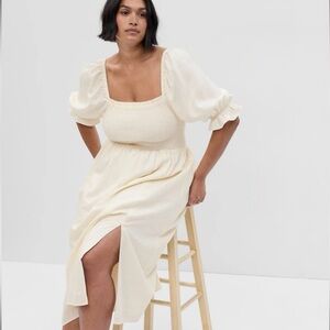 GAP linen blend puff sleeve minimalist cream off white midi dress LARGE TALL